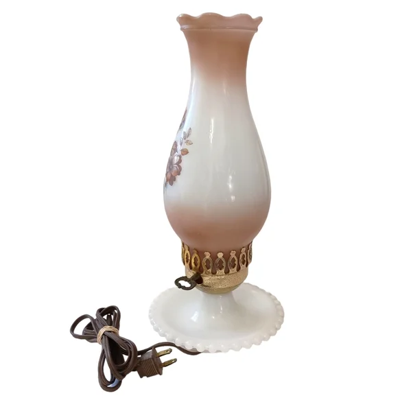 Milk Glass Hurricane Lamp Boudoir Bedside Table Light Floral Hobnail Edge Vtg. - Picture 8 of 16